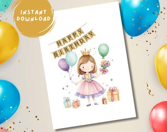 Carte d'anniversaire numérique Petite princesse | Jolie carte d'illustration pour fille, fille, soeur, nièce, petite-fille, ami | Carte imprimable