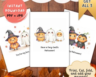 Paket med kusliga Halloween-pumpakort | Utskrivbara tomma hösthälsningskort