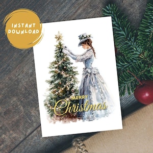 Carte de Noël victorienne vintage numérique | Aquarelle nostalgique rétro traditionnelle victorienne classique dame et arbre de Noël | Carte imprimable 5 x 7