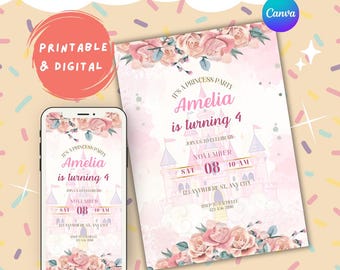 Four Ever A Princess 4th Birthday Girl Invite | Floral Royal Party Invitation (Editable Canva Template)