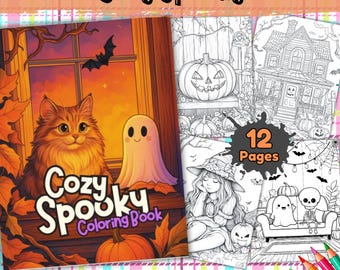 May include: A "Cozy Spooky Coloring Book" with a cat, ghost, and pumpkin illustration. The book features 12 pages of Halloween-themed coloring pages. The cover has the text "Cozy Spooky Coloring Book" and "Coloring Book | PDF Download".