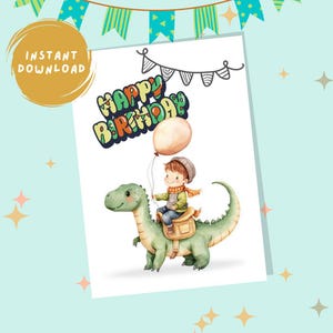 Cartão de aniversário digital para menino | Cartão de ilustração de dinossauro fofo para menino, filho, irmão, sobrinho, neto, amigo | Cartão para impressão