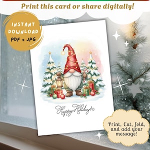 Watercolor Santa Gnome Christmas Card | Printable Xmas Holiday Blank Card for Kids and Family