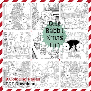 9 Christmas Coloring Pages | Cute Rabbit Winter Xmas Fun Sheet | Relaxation Cute Cozy Holiday Illustrations | Instant Download Printable PDF
