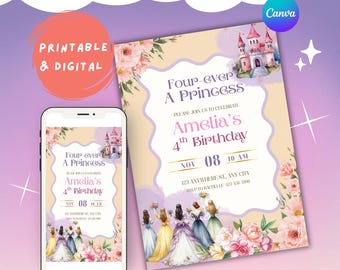 Four Ever A Princess 4th Birthday Girl Invitation | Floral Royal Castle Invite (Editable Canva Template)