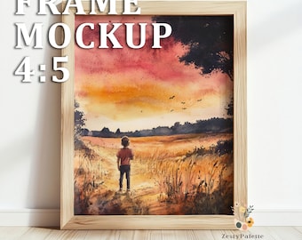 Wooden Frame 4:5 Mockup | Vertical Single  Template Leaning on Wall | 4K PNG-PSD