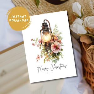 Carte de Noël numérique vintage | Lampe victorienne rétro nostalgique à l&#39;aquarelle et fleurs cottage | Carte de voeux de Noël imprimable 5 x 7