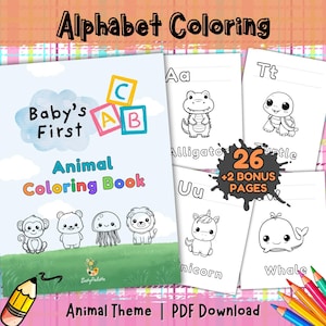 Hojas para colorear de animales del alfabeto para niños / Páginas imprimibles del abecedario con vocabulario + Hojas de práctica adicionales de la A a la Z / PDF para preescolar y niños pequeños