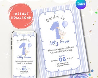 Verjaardagsuitnodiging | Uitnodigingskaart One Silly Goose 1st Party (bewerkbare canva-sjabloon)