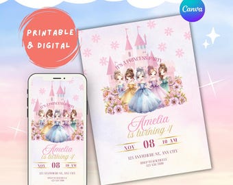 Four Ever A Princess 4th Birthday Girl Invite | Pink Royal Party Invitation (Editable Canva Template)