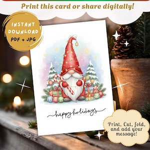 水彩画のサンタクロースのクリスマスカード、印刷可能な子供向けクリスマスホリデーグリーティングカード