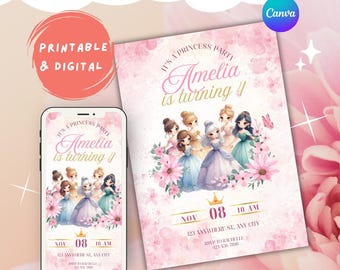 Four Ever A Princess 4th Birthday Girl Invite | Pink Royal Party Invitation (Editable Canva Template)