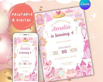 Four Ever A Princess 4th Birthday Girl Invite | Pink Royal Party Invitation (Editable Canva Template)
