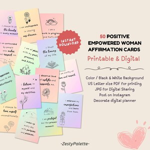 50 Printable Digital Affirmation Cards | Inspirational Positive Quote Empowered Women | Self Esteem Personal Growth | Vision Board & IG Post