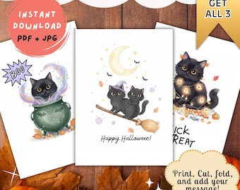 Black Cat Halloween Card Bundle | Spooky Pumpkin Greeting | Printable Fall Holiday Card