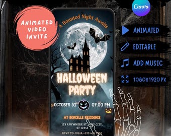 May include: A digital Halloween party invitation on a smartphone screen. The design features a haunted house, bats, and a full moon. Text includes "Halloween Party," date, time, and RSVP information. Additional text: "Animated Video Invite," "Animated," "Editable," "Add Music," and "1080x1920 px."