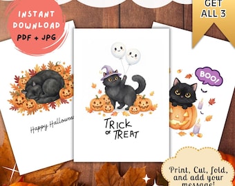 Black Cat Halloween Card Bundle | Spooky Pumpkin Greeting | Printable Fall Holiday Card