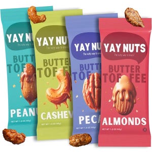 May include: Four colorful snack packages of "YAY NUTS" butter toffee nuts. Flavors include peanut, cashew, pecan, and almond. Each package is 1.5 oz (42g). The packages are teal, green, purple, and red, with images of the nuts.