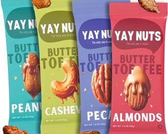 May include: Four colorful snack packages of "YAY NUTS" butter toffee nuts. Flavors include peanut, cashew, pecan, and almond. Each package is 1.5 oz (42g). The packages are teal, green, purple, and red, with images of the nuts.