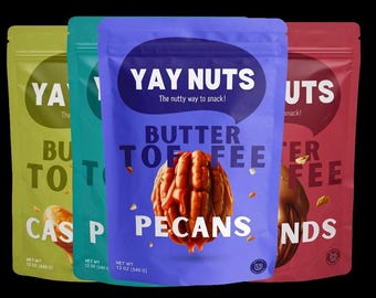 Yay Nuts - Anacardos, almendras, cacahuetes y nueces pecanas con caramelo de mantequilla - 355 g cada uno / Bocadillos dulces y crujientes de frutos secos / Delicias gourmet para regalar, la oficina y la escuela