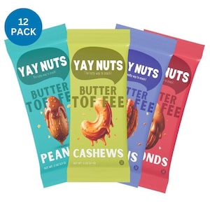 May include: A 12-pack of "Yay Nuts" snack bars in various colors. The bars feature "Butter Toffee" with peanuts, cashews, and almonds. Each package is 2 oz (57g). The text "The nutty way to snack!" is also visible.
