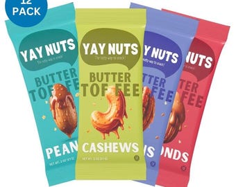 May include: A 12-pack of "Yay Nuts" snack bars in various colors. The bars feature "Butter Toffee" with peanuts, cashews, and almonds. Each package is 2 oz (57g). The text "The nutty way to snack!" is also visible.