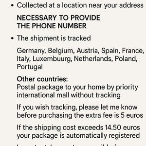 Puede incluir: Texto sobre fondo blanco que detalla el env&iacute;o a trav&eacute;s de Mondial Relay, incluyendo seguimiento y la necesidad de un n&uacute;mero de tel&eacute;fono. Enumera los pa&iacute;ses atendidos y las opciones de paquete postal.