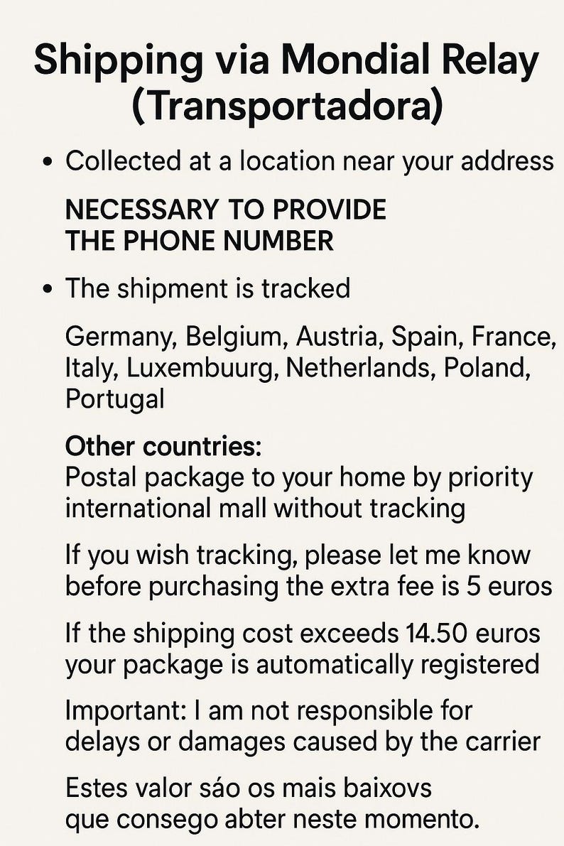 Puede incluir: Texto sobre fondo blanco que detalla el env&iacute;o a trav&eacute;s de Mondial Relay, incluyendo seguimiento y la necesidad de un n&uacute;mero de tel&eacute;fono. Enumera los pa&iacute;ses atendidos y las opciones de paquete postal.