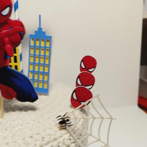 Puede incluir: Un juego de adornos para tartas con tem&aacute;tica de Spiderman. Incluye una figura de Spiderman, un rascacielos azul y recortes de m&aacute;scaras de Spiderman. Tambi&eacute;n se incluye una telara&ntilde;a blanca y una peque&ntilde;a ara&ntilde;a negra.