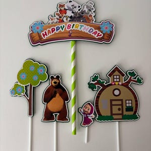 Topper per torta di Masha e Orso, decorazione per torta di Masha e Orso, pasticceri, Masha bparty, compleanno; Masha e il nostro urso in cima al bolo