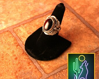 Large Mens Sterling Silver Leaf Bezel Onyx Cabochen Ring