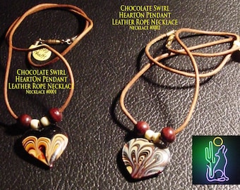 HeartOn Handcrafted Chocolate Swirl Heart Pendant Leather Rope Necklaces