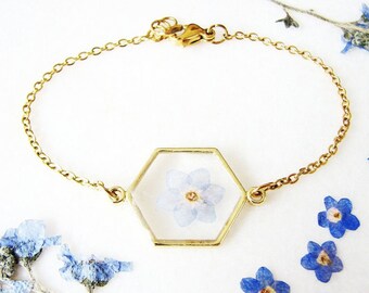 Pressed Flower Bracelet, Blue Forget Me Not Bracelet, Handmade Gold Bracelet, Chain and Link Bracelet
