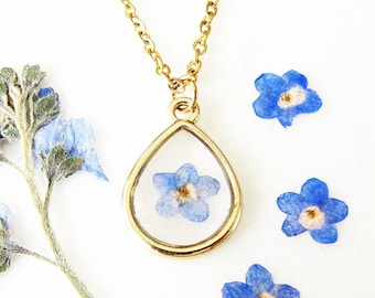 Charm Necklace, Pressed Flower Necklace, Resin Pendant, Handmade Forget Me Not Bridesmaid Necklace