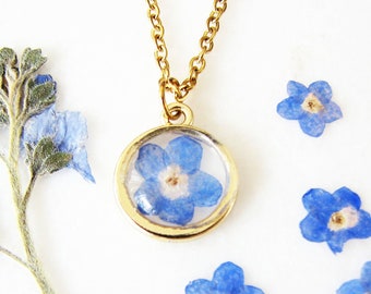 Tiny Forget Me Not Necklace, Resin Pendant Necklace, Handmade Pressed Flower Necklace