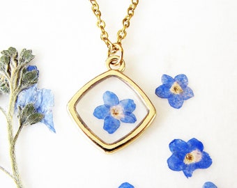 Charm Necklace, Tiny Forget Me Not Necklace, Resin Jewelry, Pressed Flower Necklace