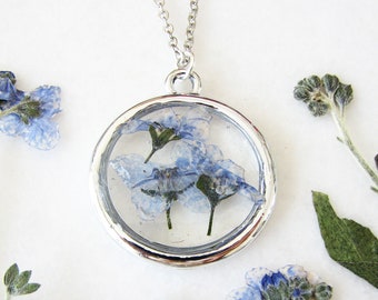 Resin Pendant Necklace, Handmade Jewelry, Forget Me Not Pressed Flower Necklace