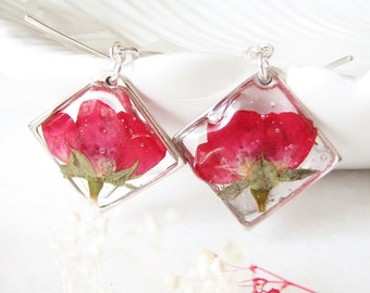 Pressed Flower Earrings, Handmade Resin Earrings, Red Rose Earrings