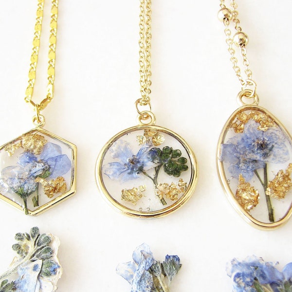 Forget Me Not Necklace, Pressed Flower Necklace, Handmade Jewelry, Resin Pendant Necklace