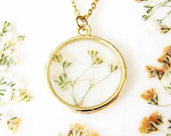Baby's Breath Wildflower Necklace, Pressed Flower Jewelry, Resin Necklace, Handmade Pendant Circle Necklace