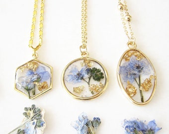 Forget Me Not Necklace, Pressed Flower Necklace, Handmade Jewelry, Resin Pendant Necklace