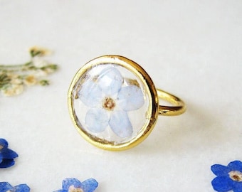 Adjustable Forget Me Not Ring, Pressed Flower Ring, Resin Ring