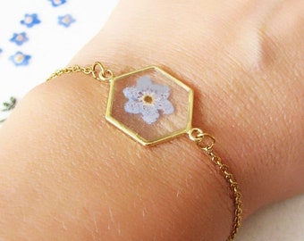 Pressed Flower Bracelet, Blue Forget Me Not Resin Bracelet, Bridesmaid Jewelry