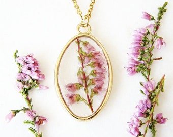 Pink Pressed Flower Necklace, Heather Flower Necklace, Resin Jewelry
