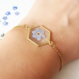 Pressed Flower Bracelet, Blue Forget Me Not Resin Bracelet, Bridesmaid Jewelry