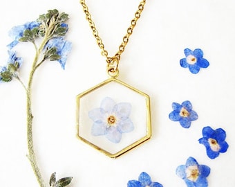 Forget Me Not Necklace, Pressed Flower Necklace, Resin Pendant, Hexagon Minimalist Necklace