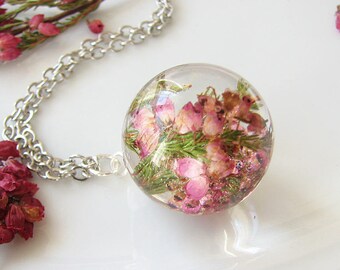 Resin Pendant Necklace, Pressed Flower Necklace, Heather Jewelry, Resin Necklace