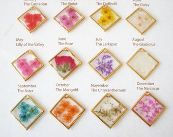 Birth Month Flower Necklace, Resin Jewelry, Pressed Flower Necklace