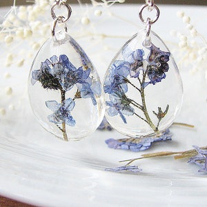 Resin Earrings, Handmade Pressed Flower Earrings, Dangle Earrings, Blue Forget Me Nots image 1