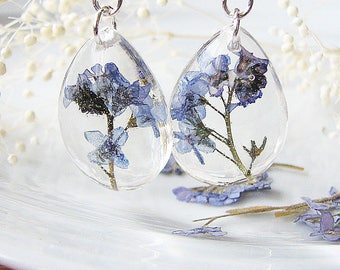 Resin Earrings, Handmade Pressed Flower Earrings, Dangle Earrings, Blue Forget Me Nots